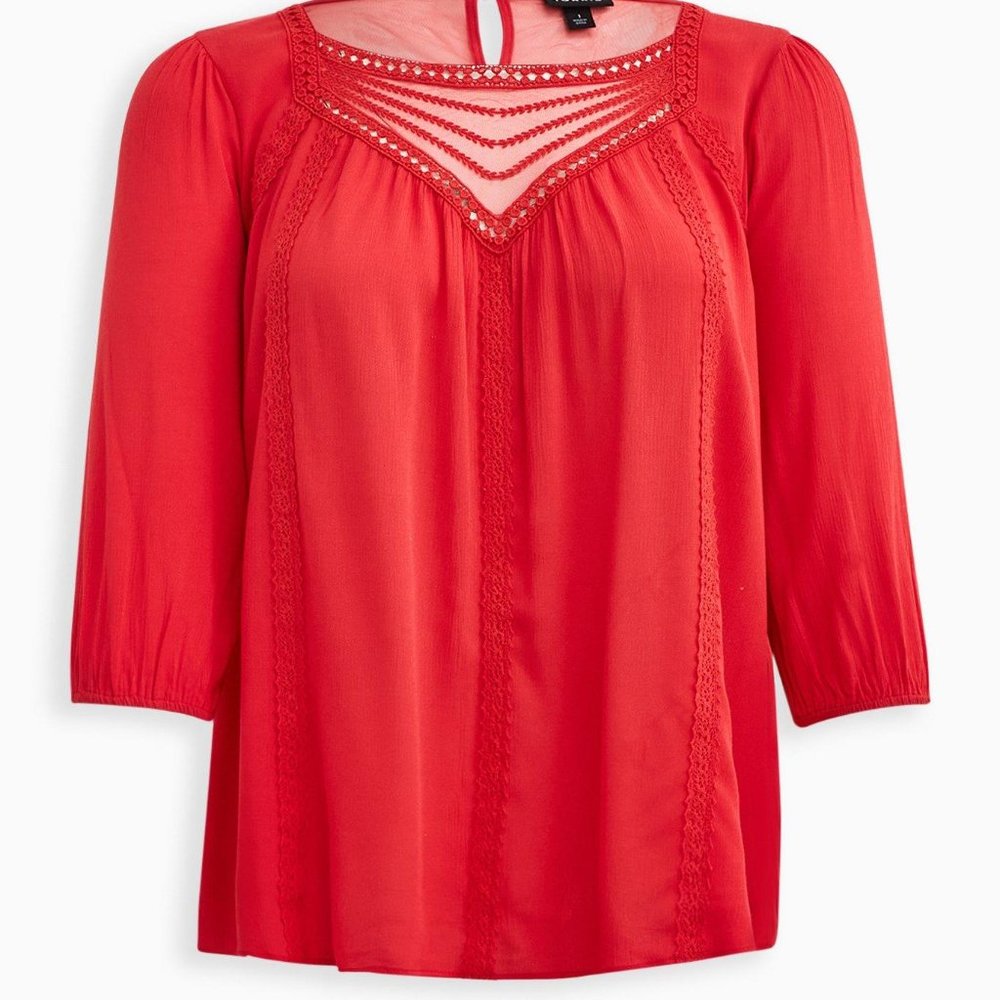 Torrid‎ Womens Size 5 Red Orange Embroidered Square Neck 3/4 Sleeve Crochet Trim